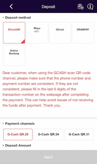 Step 2: Select the Deposit method as GCashQR